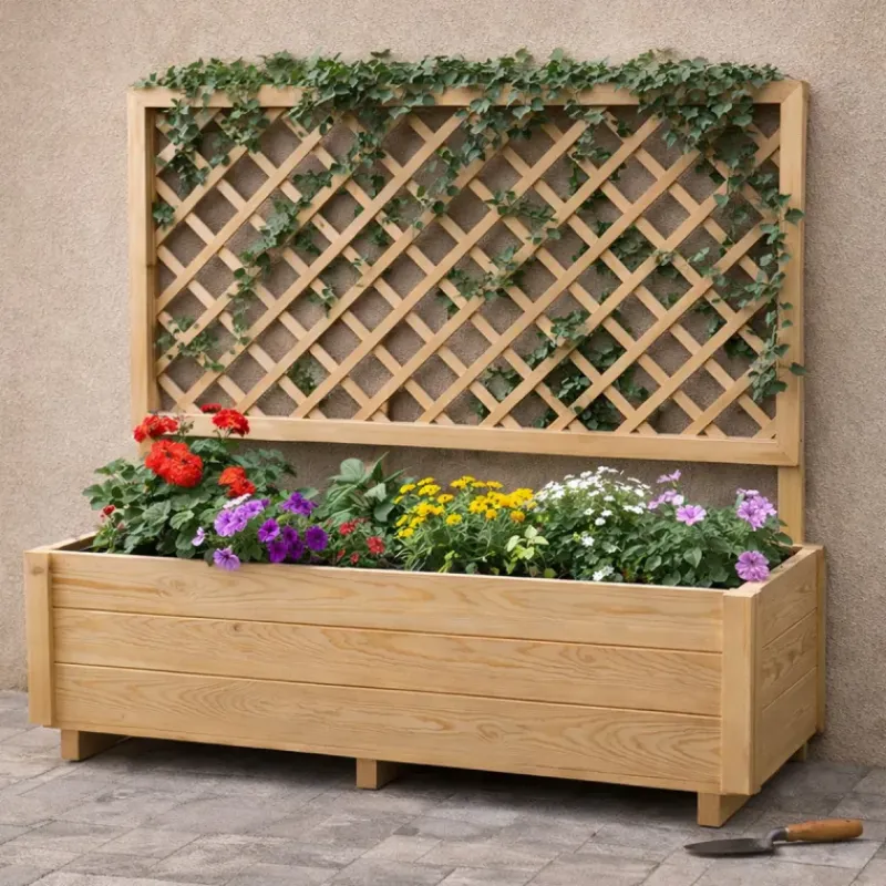 Carré potager rectangulaire en bois de sapin avec treillis 104 cm - 98x34x104 cm* Outlet