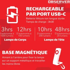 Lampe de travail SLIM OBSERVER - Rechargeable USB-C 1000 Lumens*Observer Tools Sale