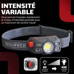 Lampe frontale OBSERVER - 450 Lumens - Rechargeable USB-C - Étanche IP67*Observer Tools Hot