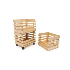 Lot de 3 caisses à fruits et légumes en bois de pin sur roulettes - 37x30x80 cm* Online