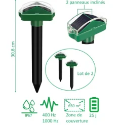Lot de 2 Chasse-Taupes Solaires à Ultrasons Duo - Étanche - 650m² de Couverture*