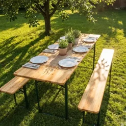 Lot de 2 Tables Extérieure en Pin Massif 177 cm avec 4 Bancs Bois / métal* Best