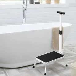 Marchepied sécurisé pliable avec barre d'appui - Hauteur 17 cm - Acier blanc*