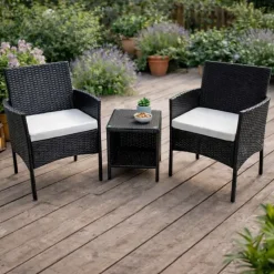 Salon de jardin 2 fauteuils et table basse tressée noir* New