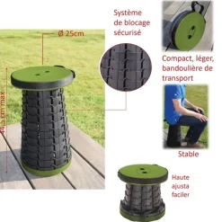 Tabouret télescopique kaki et noir réglable en hauteur de 6 à 45 cm* Outlet