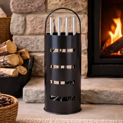 Valet de cheminée métal noir 5 pièces Outils feu bois 65 cm* New